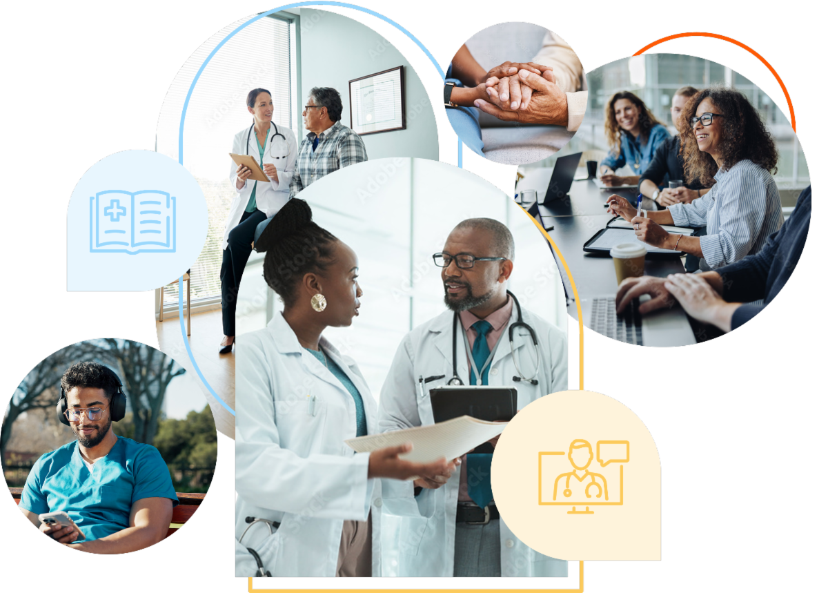 Patients and clinicians talking and interactive in a clinical setting.
