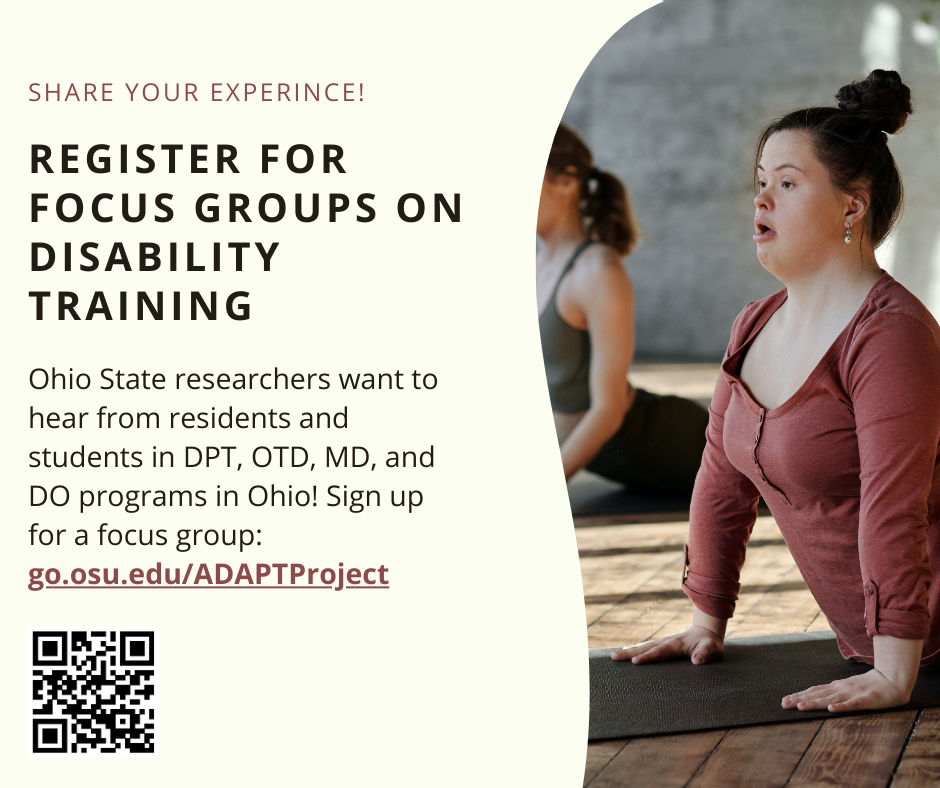 woman stretching in a red shirt on a yoga mat. the text says, "register for focus groups on disability training."