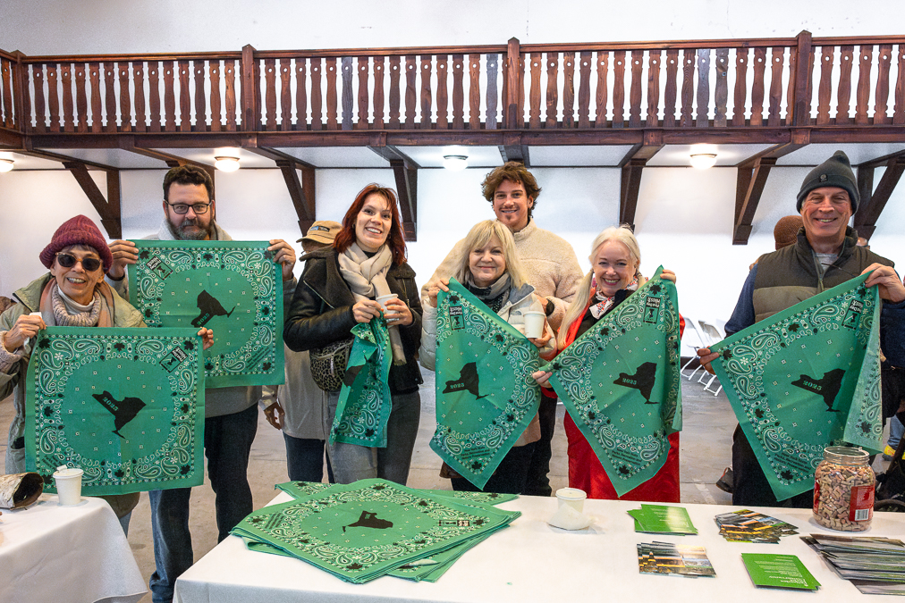 Six festival attendees standing behind a table with Conservancy postcards and materials holding up New York State's bright green First Day Hike bandanas inside the bathhouse.