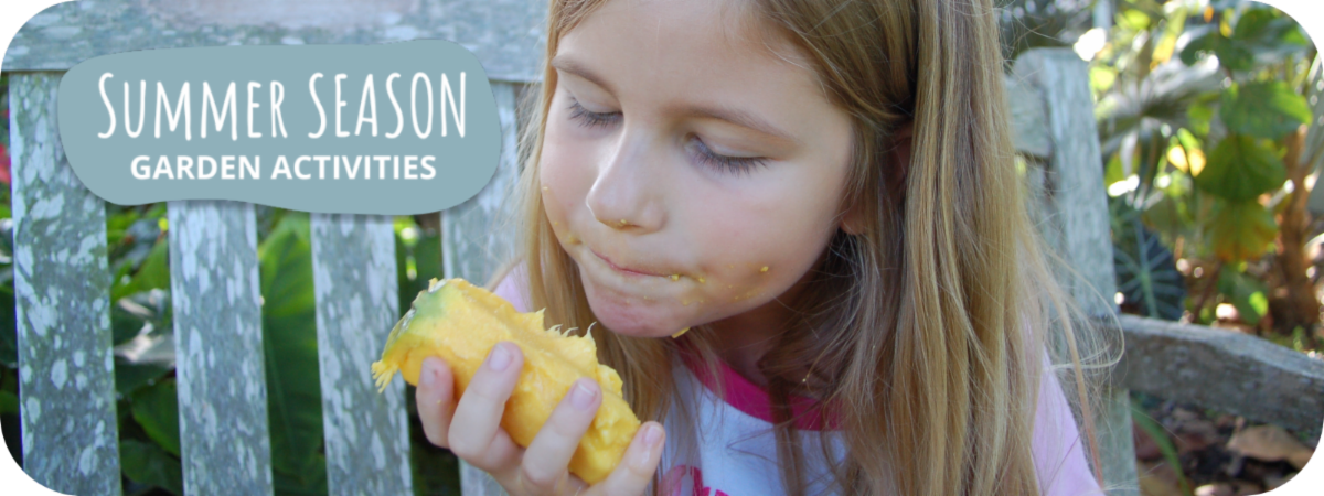 Summer Header Banner, youth eating a mango