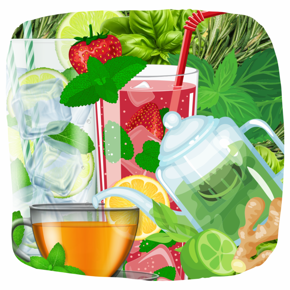 Clipart image of fruit drinks and tea with herbs