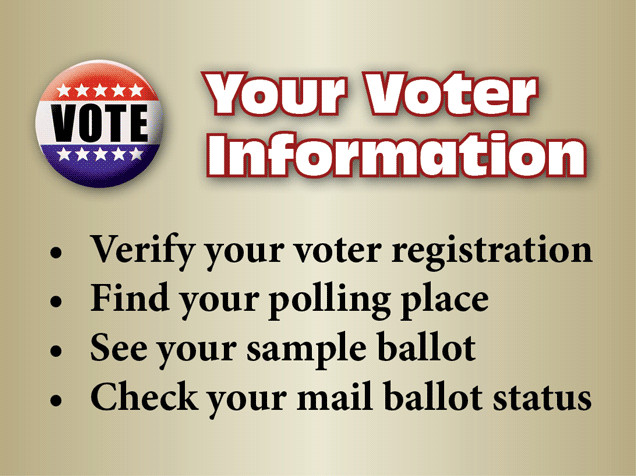 Voter Information Graphic with bullet points of "Verify your voter registration," "Find your polling place," "See your sample ballot," and "Check your mail ballot status"