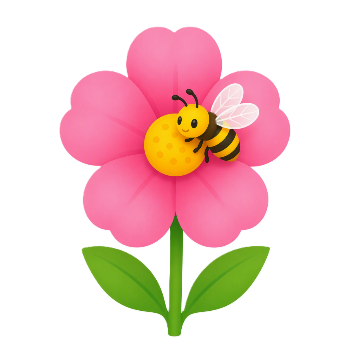 A cartoon depiction of a pink flower with a bee on it