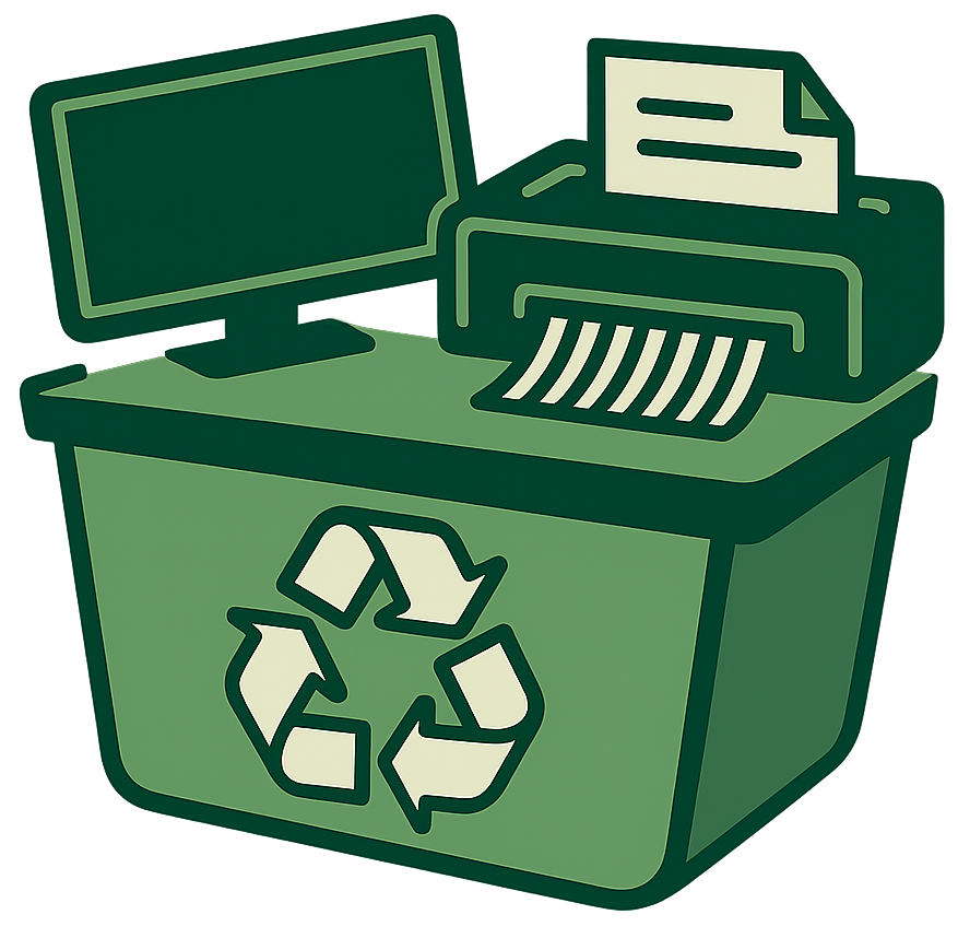 A cartoon depiction of a computer monitor and shredder over a recycle bin