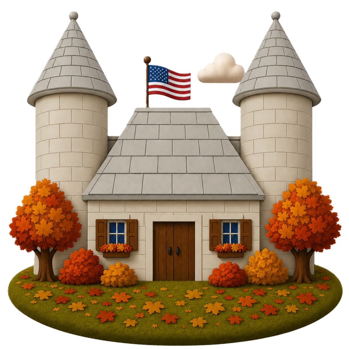 A cartoon depiction of Inverness Village Hall in autumn