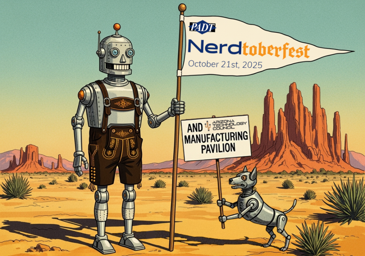 A robot dressed in German clothing and a dog in the desert. The robot his holding a flag that says Nerdtoberfest and the dog has a sign about a Manufacturing Pavilion.  (Generated using AI in Adobe Firefly)