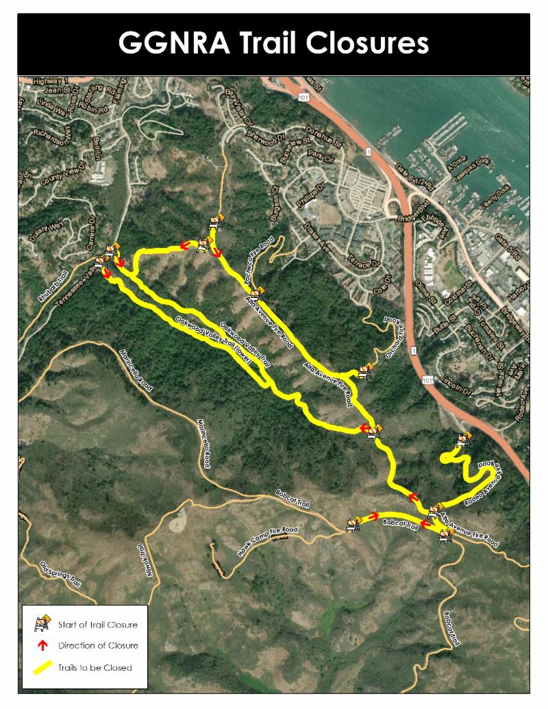 Map of the Marin Headlands with yellow line to indicate trail closure of Alta Avenue and Rodeo Avenue Fire Roads, Bobcat and Oakwood Valley Trails. 