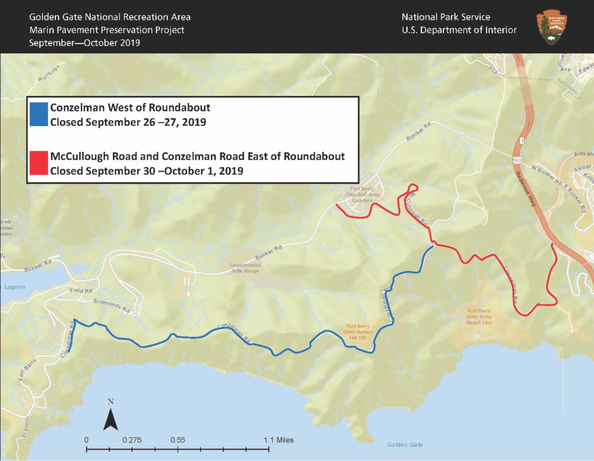 Map of upcoming closed areas in the Marin Headlands show McCullough and Conzelman Roads east of roundabout closed September 30 and October 1 in red with another blue portion showing Conzelman Road west of roundabout closed on September 26 and 27