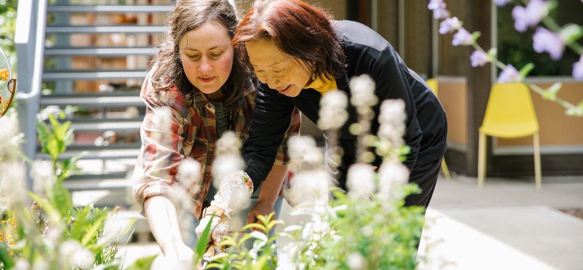 Two women gardening
