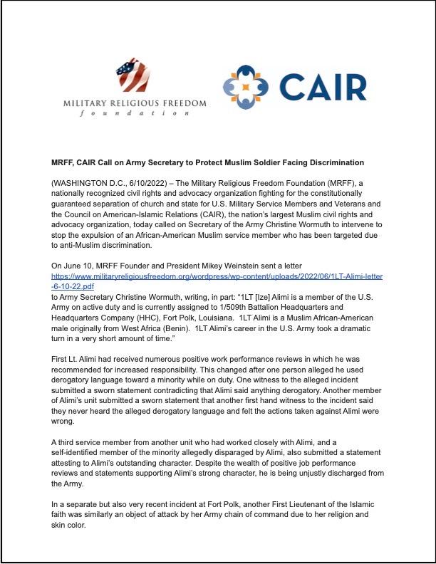 Joint press release from MRFF and CAIR