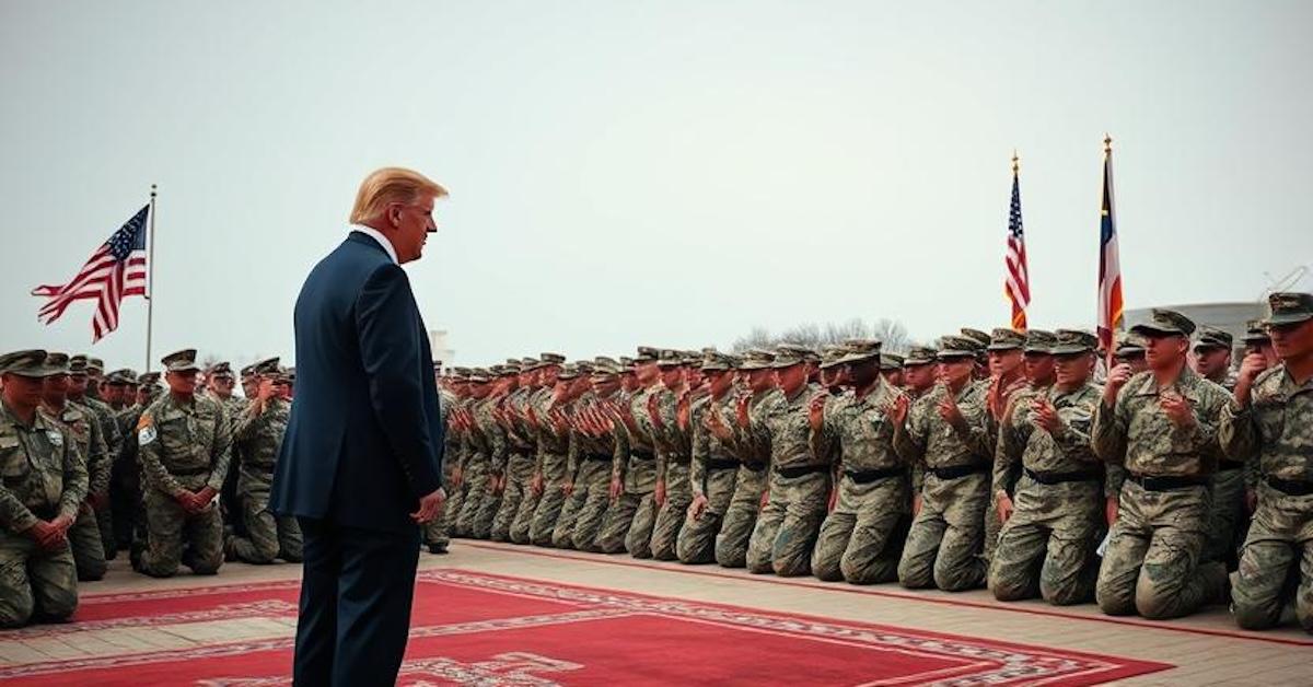 AI generated image of Trump surrounded by kneeling soldiers