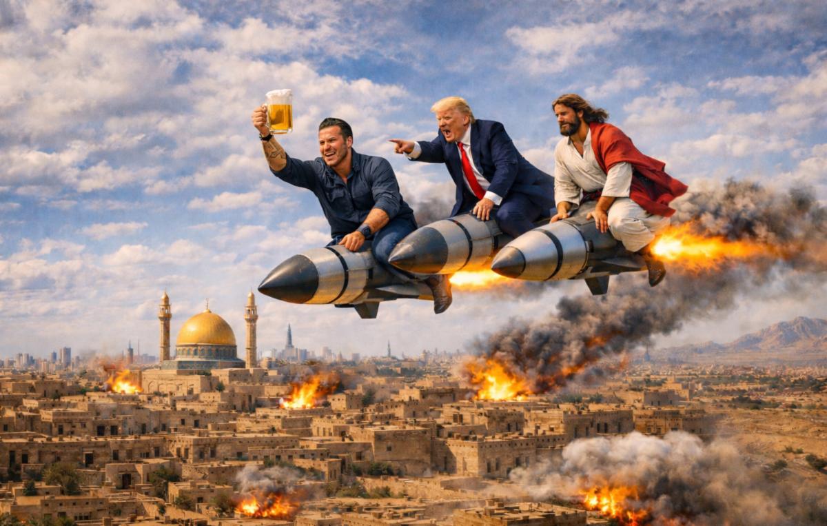 AI generated image of Trump, Hegseth, and Jesus riding on missiles over bombed middle east landscape with Hegseth holding up a pitcher of beer