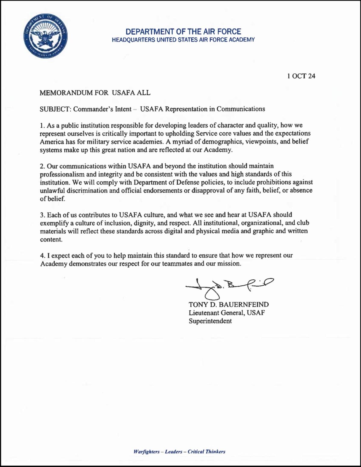 Lieutenant General Bauernfiend's October 1 memo to Air Force Academy