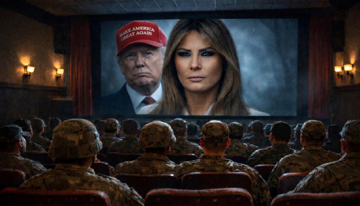 AI generated image of movie theater full of soldiers with Melania Trump on the screen with Donald Trump in MAGA hat behind her