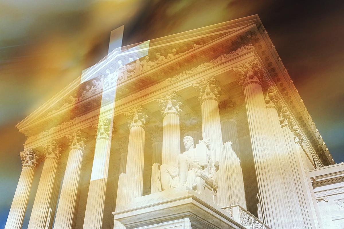 Supreme Court building with big cross superimposed