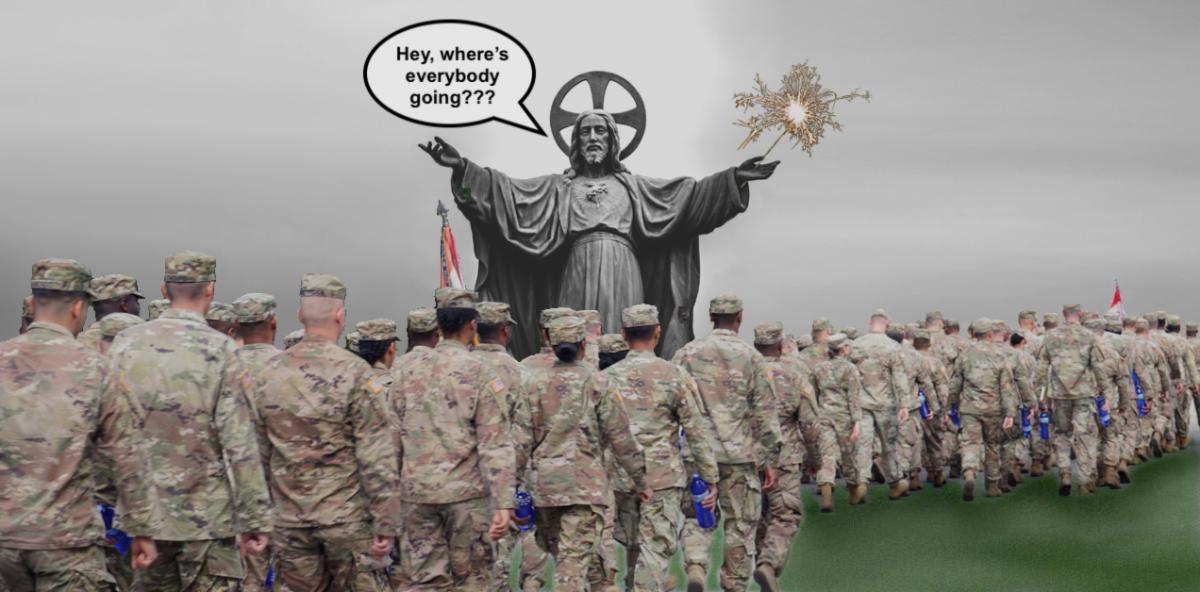 Big Jesus statue with Jesus holding sparkler in his hand with formation of soldiers marching past him and a text balloon with Jesus saying Hey where is everybody going