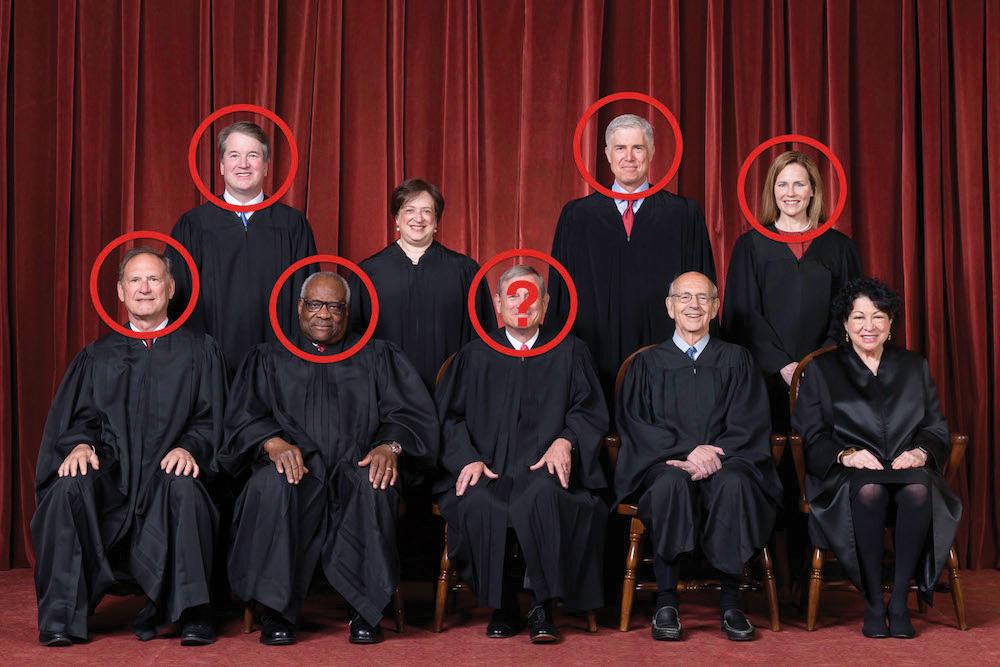The Supreme Court justices with the conservative justices circled in red and a question mark on Chief Justice Roberts