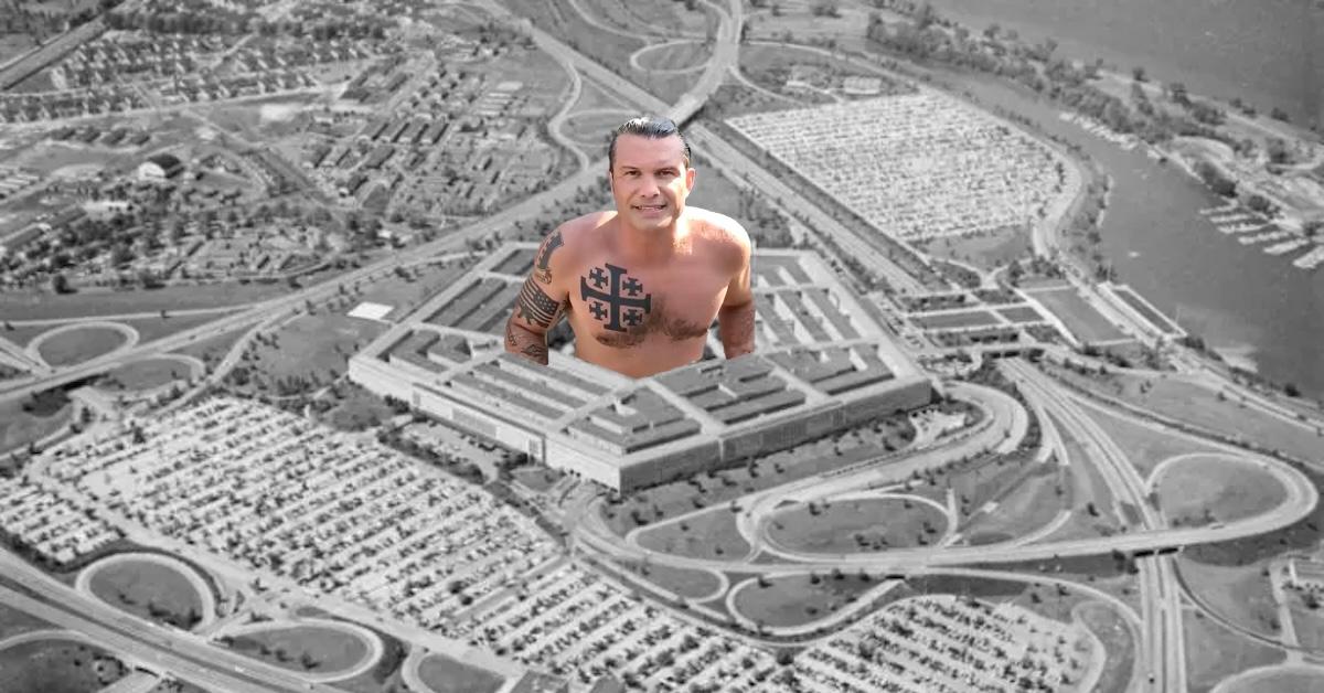 Historic black and white aerial photo of Pentagon with bare-chested Pete Hegseth showing his Christian Crusader tattoos rising from the center of the building