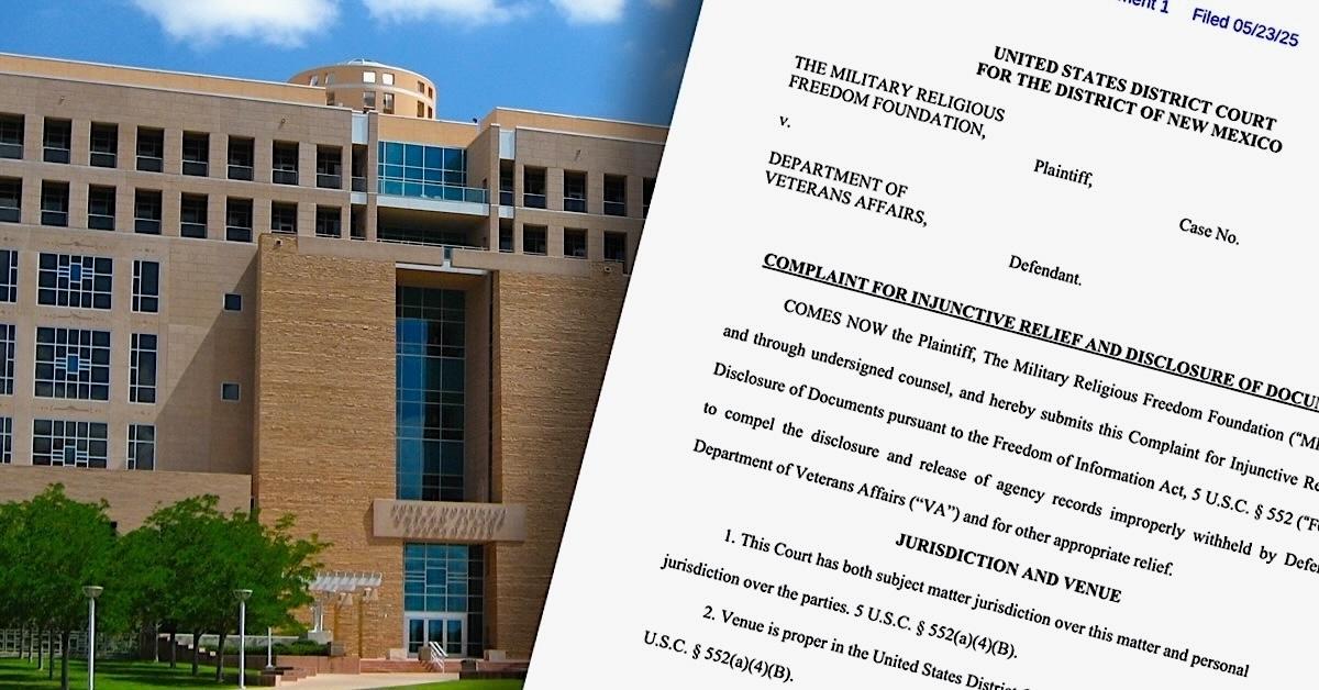 Federal courthouse in Albuquerque New Mexico with first page of lawsuit overlayed on one side