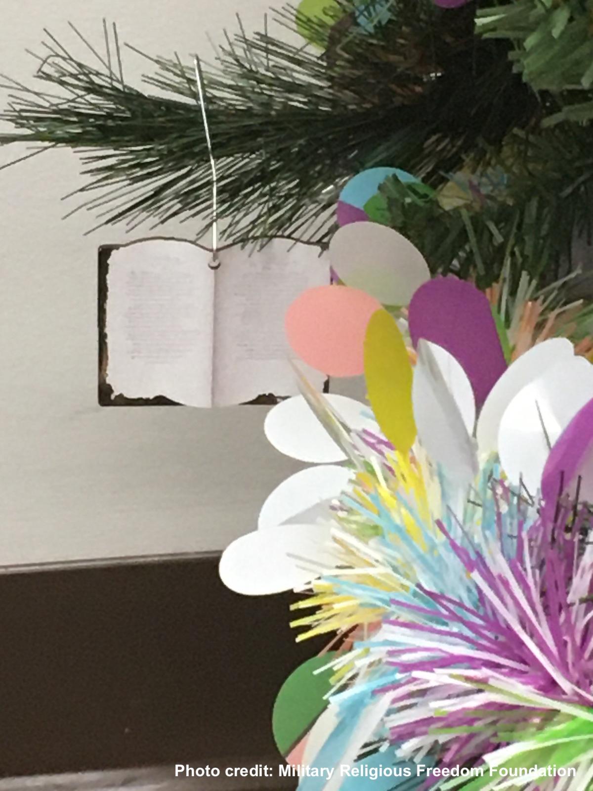 Close up of bible ornament on Easter tree