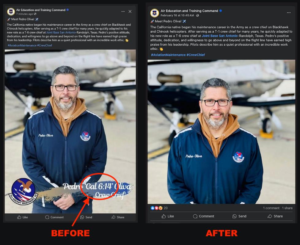 Before and after screenshots of Facebook post showing Bible verse reference removed
