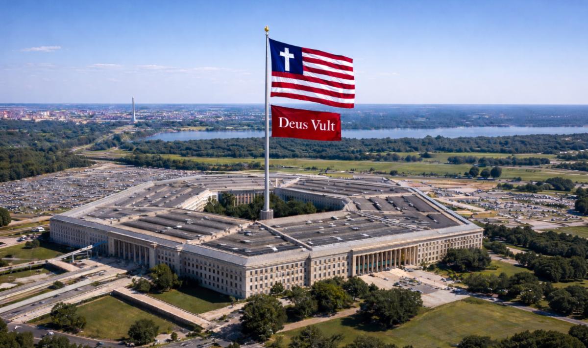 Large flagpole rising from center of Pentagon flying Christian American flag  and Deus Vult flag 