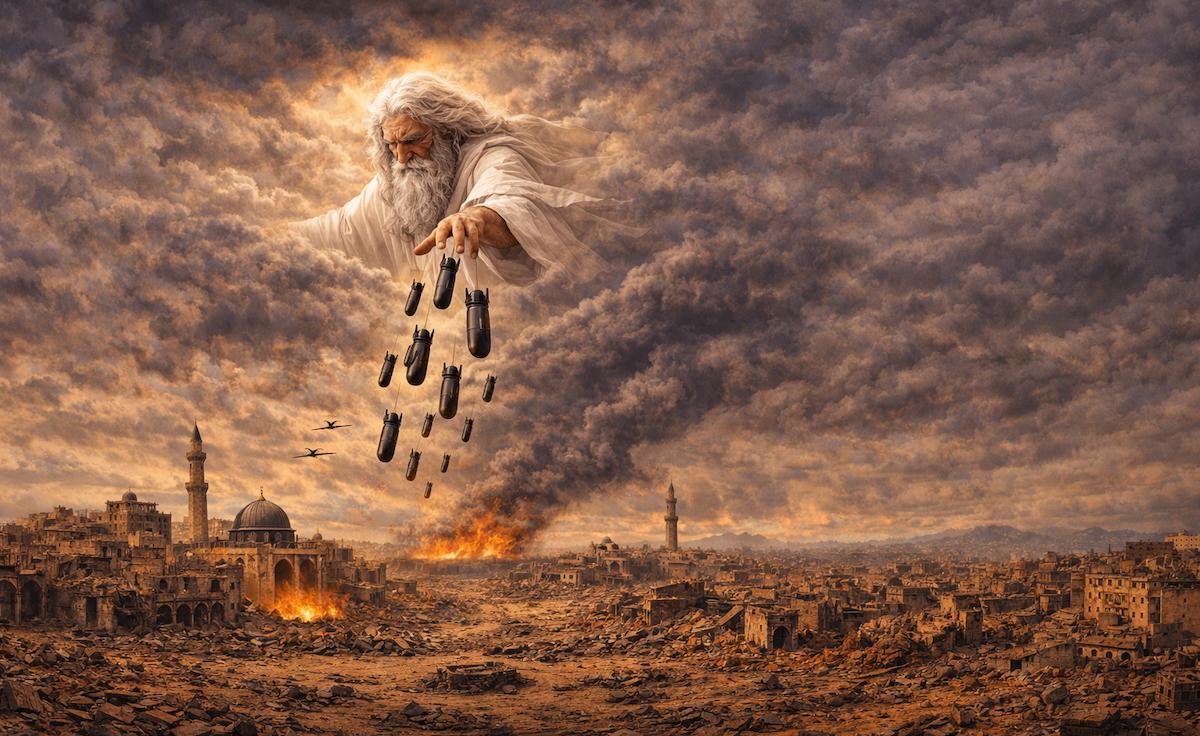 AI generated image of God in the sky dropping bombs on war torn middle east landscape