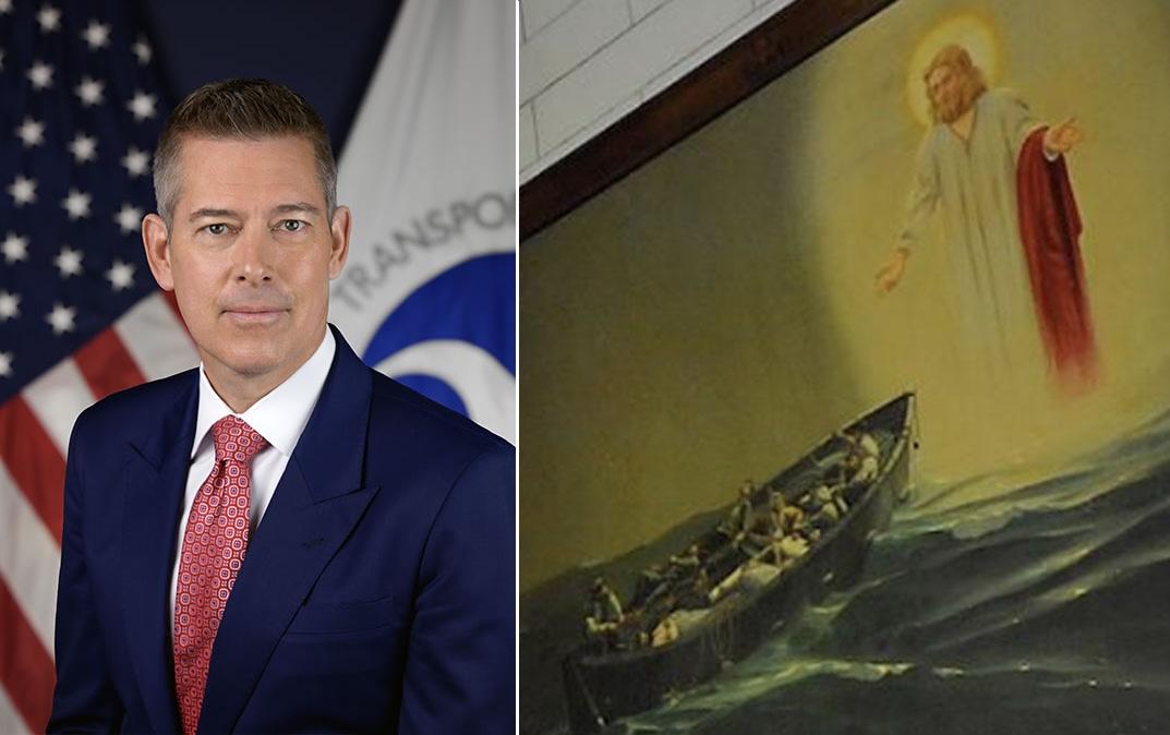 Split image of Transportation Secretary Sean Duffy and the giant Jesus painting