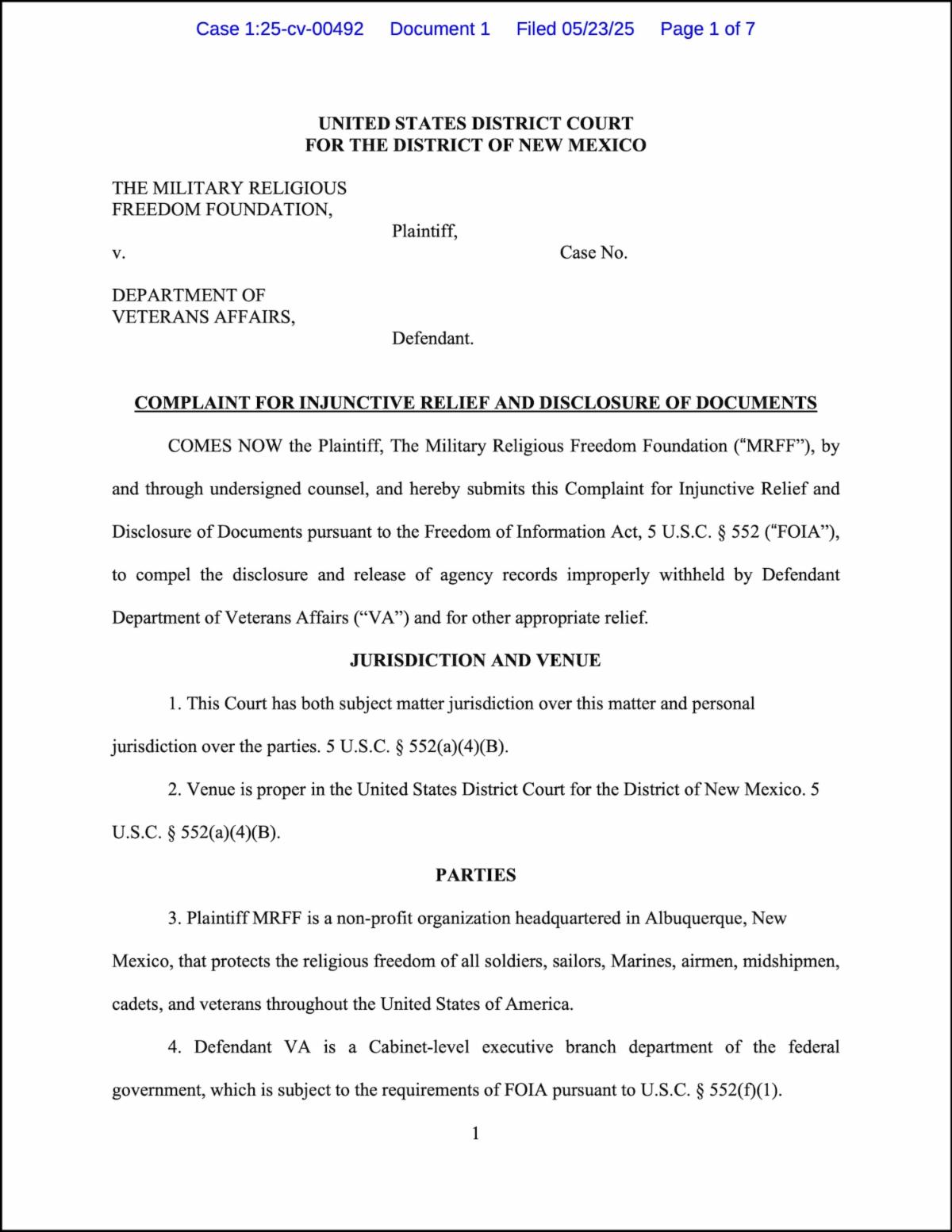 First page of  lawsuit