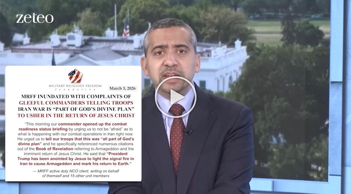Still image from video of Mehdi Hasan with graphic on screen of the top of MRFFs email blast about commanders using end times language about Iran war