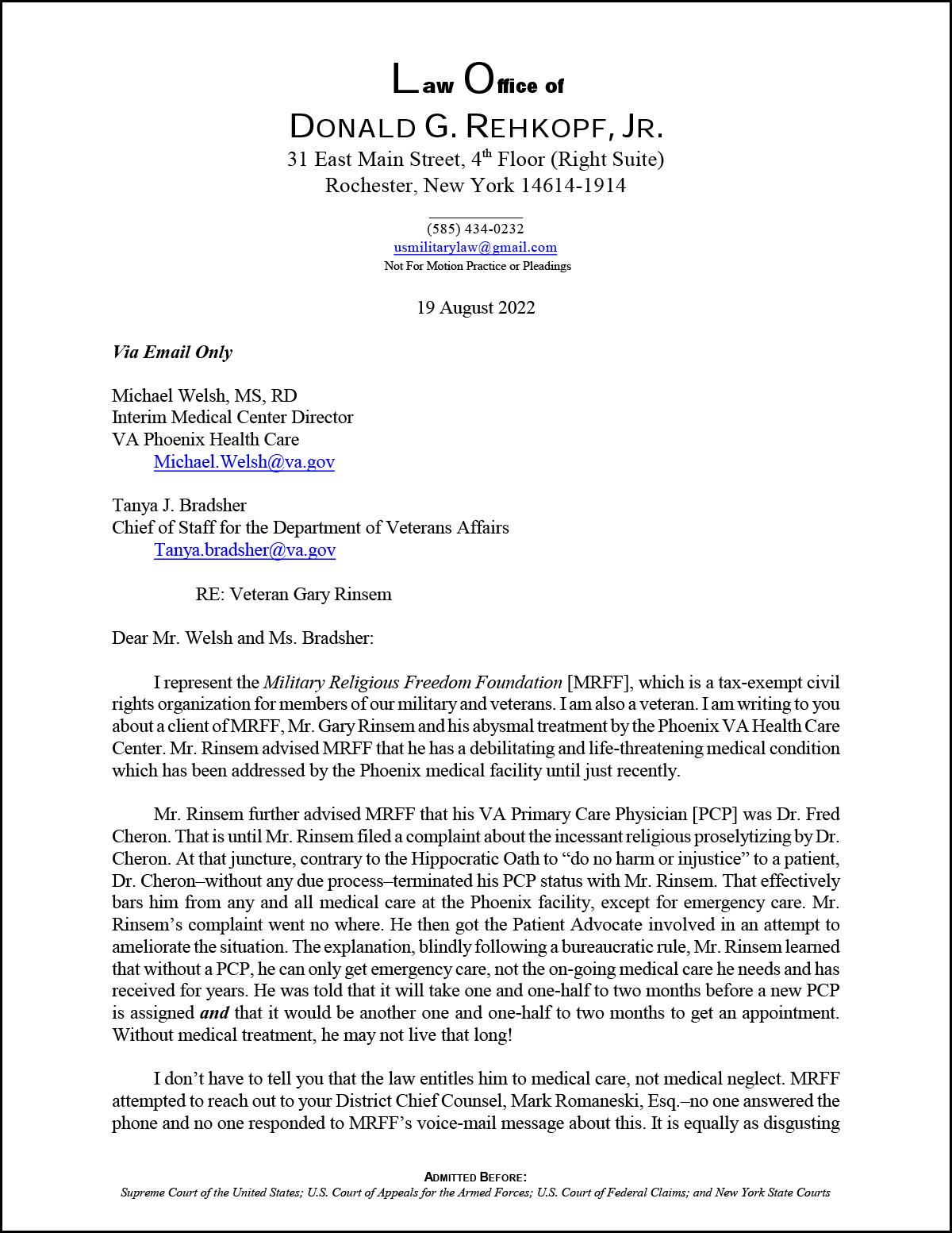 Letter from MRFF legal counsel 
Donald Rehkopf to VA Phoenix Health Care Interim Medical Center Director Michael Welsh and VA Chief of Staff Tanya Bradsher