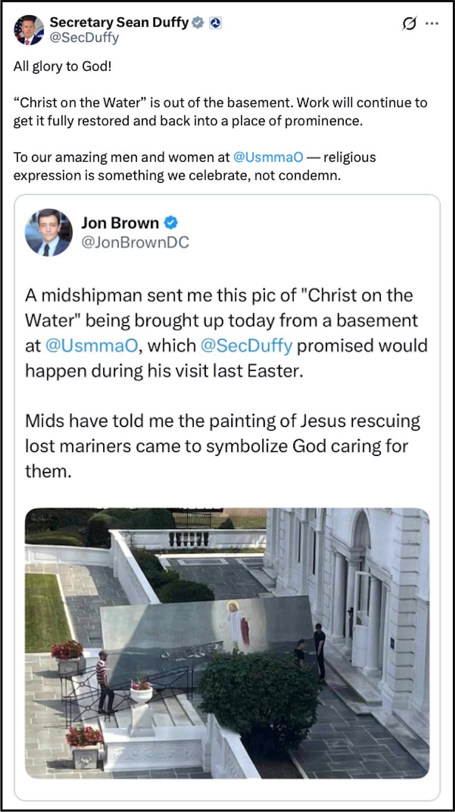 Sean Duffy's retweet of Christian post tweet showing photo of painting being moved out of the chapel with Duffy's comment All Glory to God