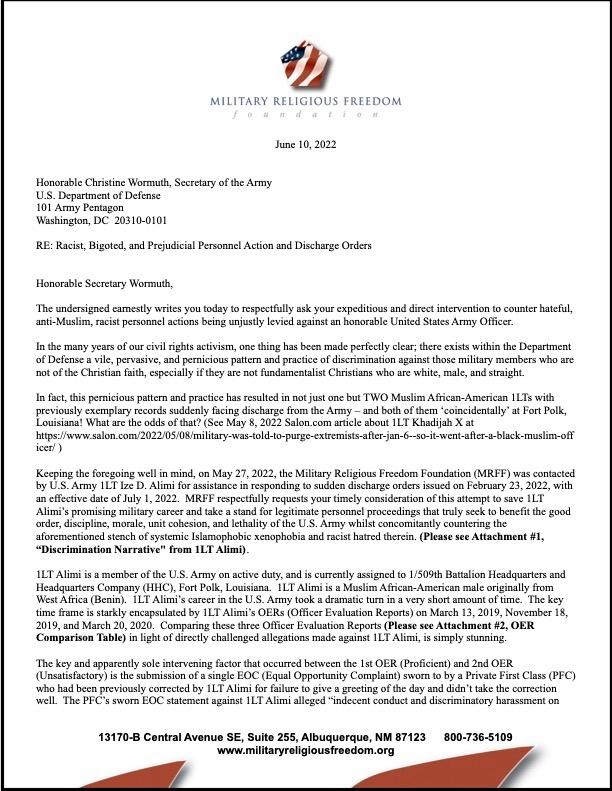 MRFF's letter to the Secretary of the Army