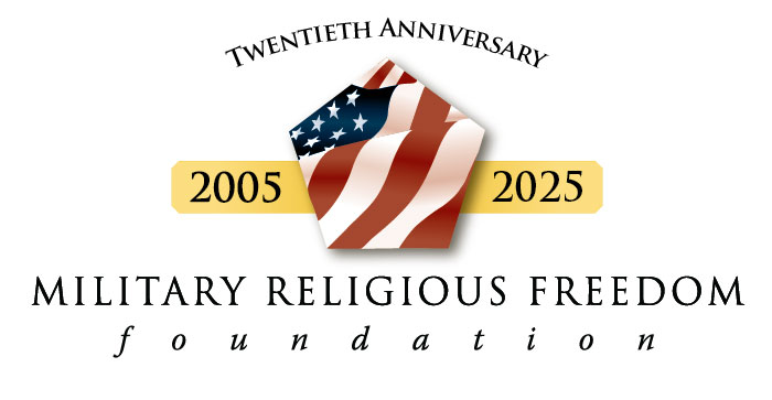 Military Religious Freedom Foundation 20th Anniversary Logo with gold strip behind displaying 2005 to 2025