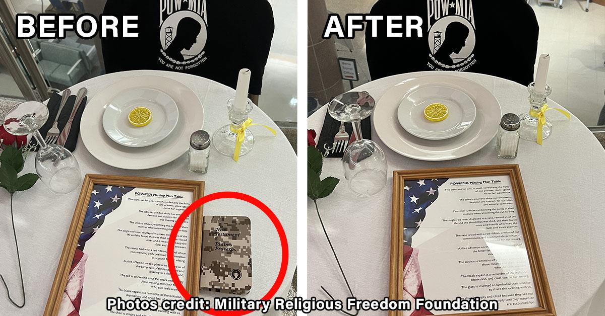 Before and after photos of the POW MIA table from last August showing that the Bible removed at that time was a small paperback one with a camouflage pattern cover
