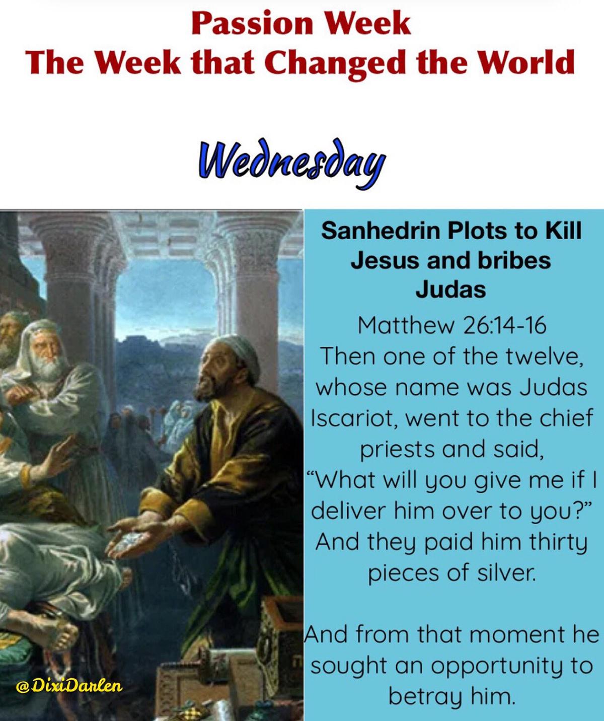 Antisemitic image with text Sanhedrin plots to kill Jesus and bribes Judas