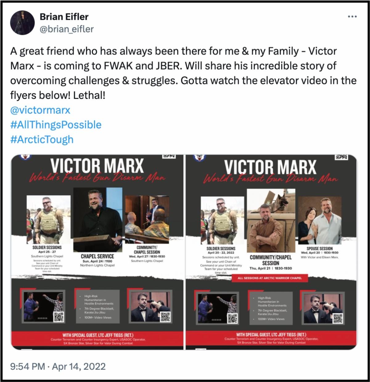 Lieutenant General Eifler's tweet promoting Victor Marx speaking at military bases in Alaska