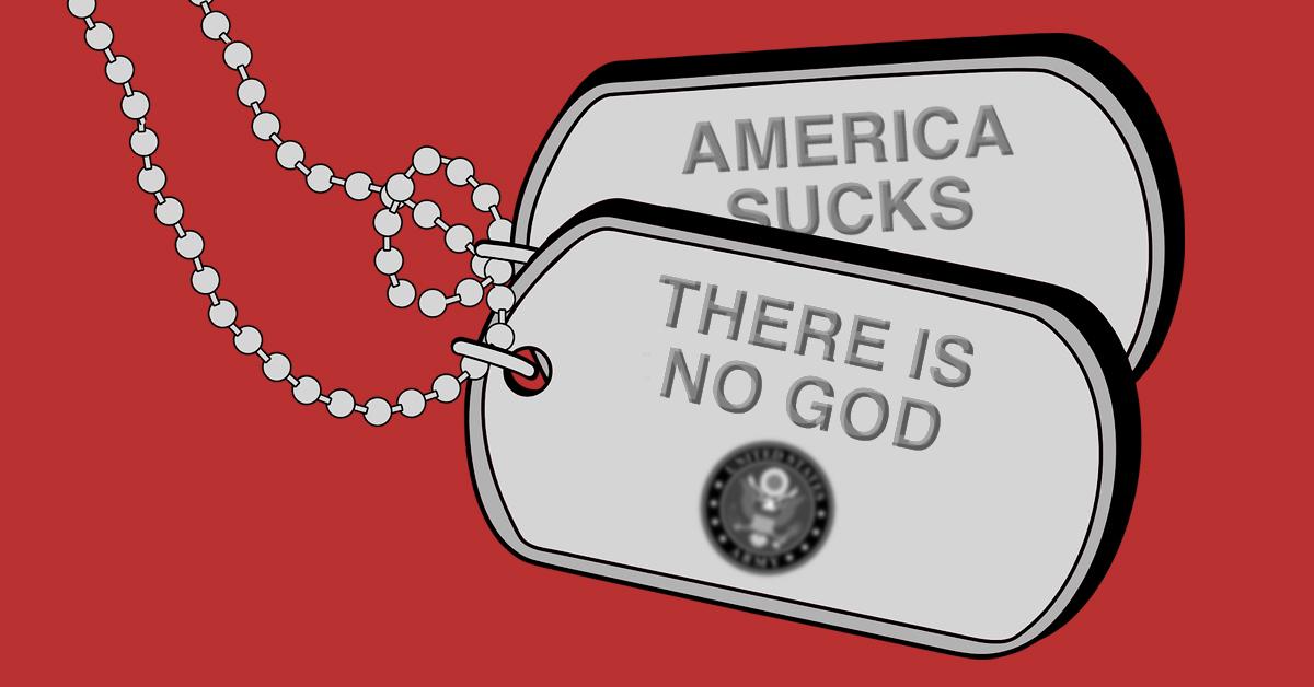 Illustration of dog tags with blurred Army emblem on them with one saying there is no god and the other saying America sucks