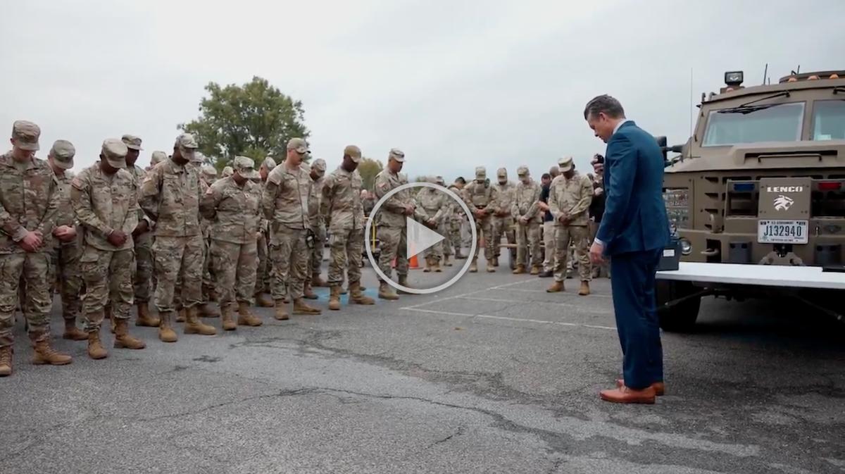 Still image from video of Hegseth forcing soldiers to pray for Charlie Kirk