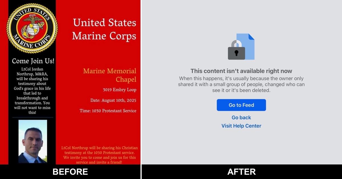 Before and after screen shots of Protestant chapel advertisement and Facebook content not available message