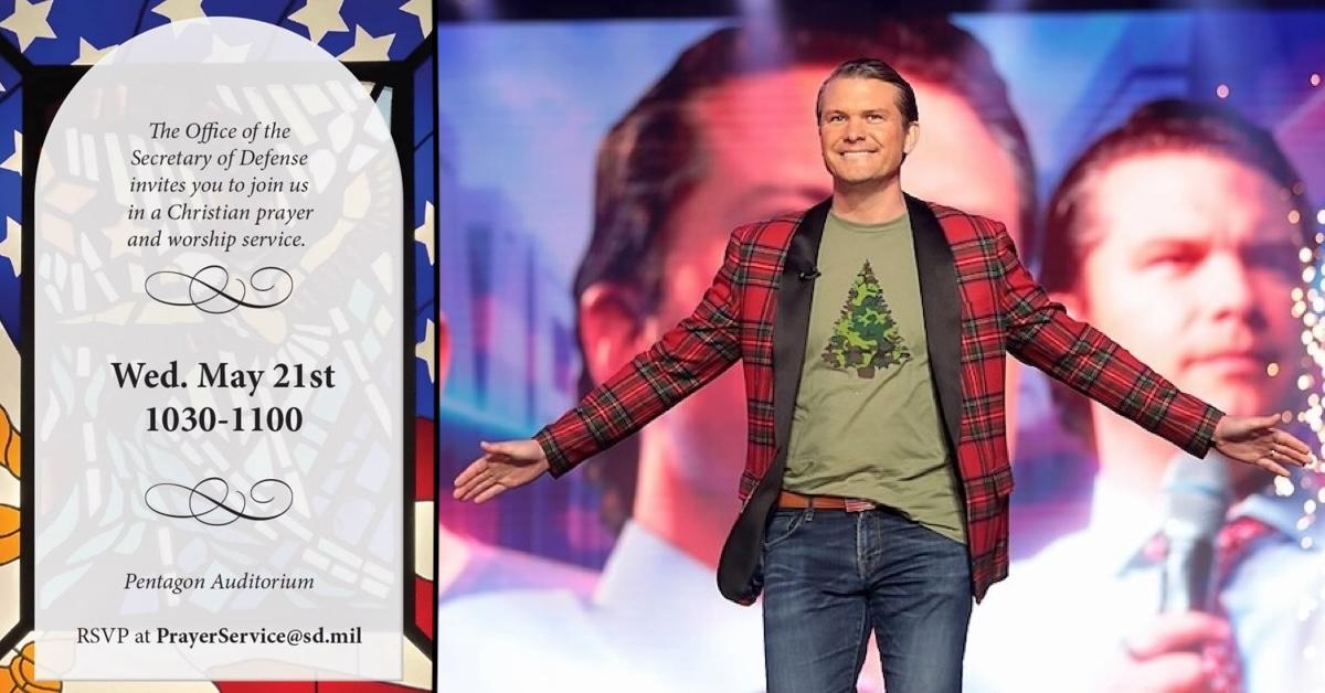 Side by side images of Pete Hegseth's invitation to Pentagon Christian prayer service and Hegseth on a stage dressed like a game show host