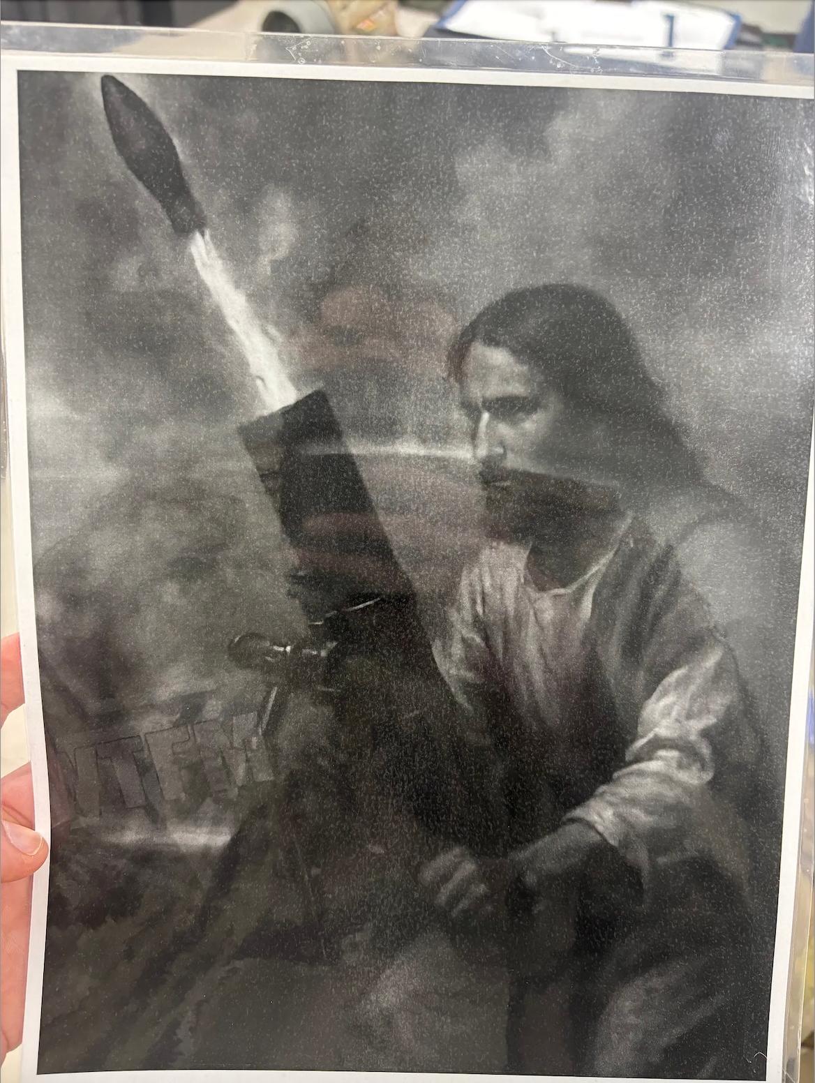 Black and white poster of Jesus firing a mortar round 