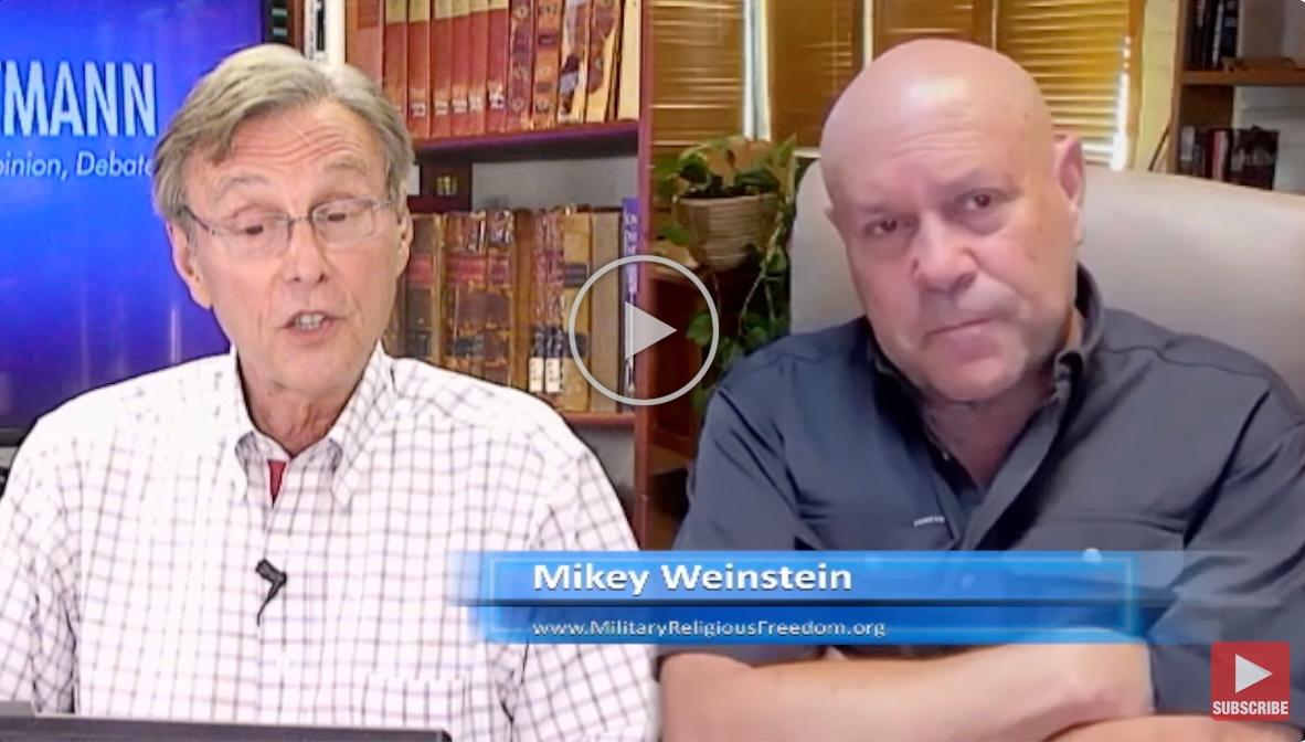 Split screen of Thom Hartmann and Mikey Weinstein from Thom Hartman Program