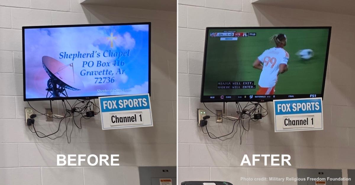 Before and after photos showing TV switched to Christian programming is now back to sports programming