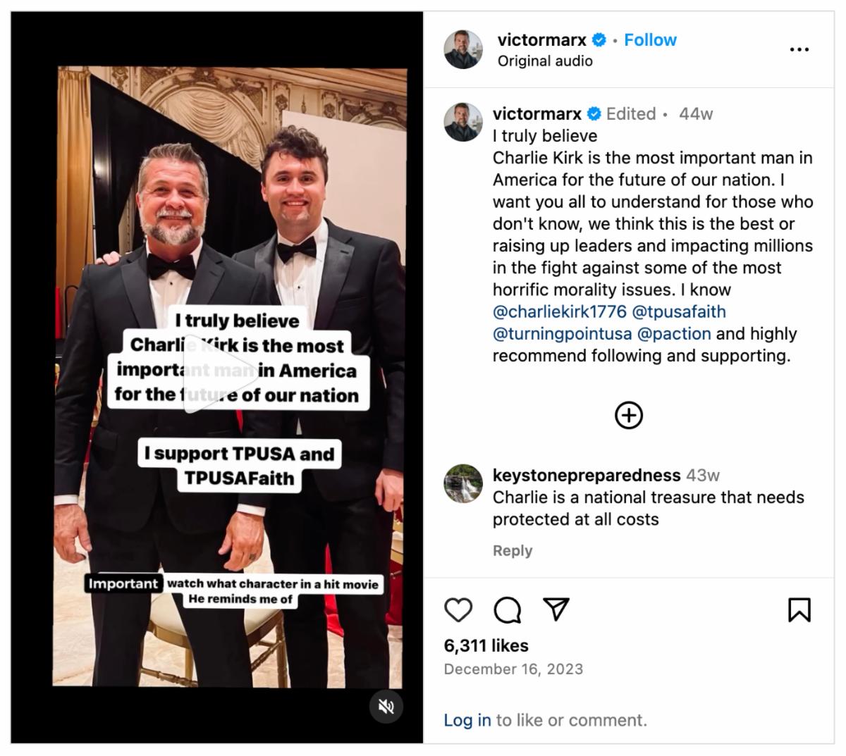 Victor Marx Instagram post showing him and Charlie Kirk standing together in tuxedos