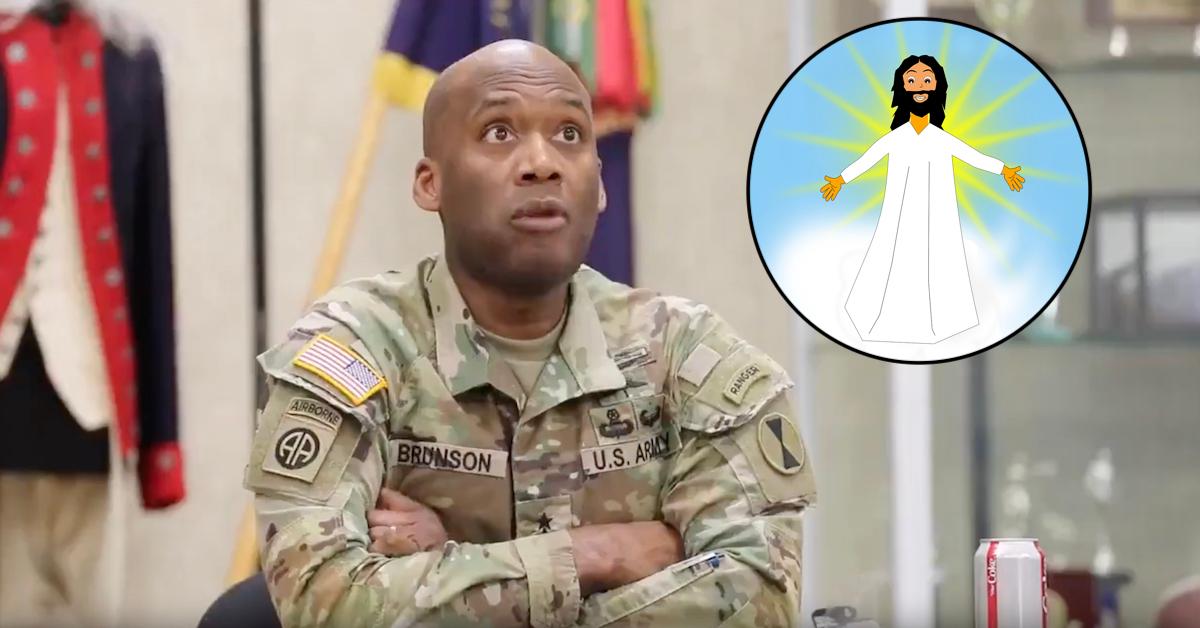Lieutenant General Brunson with cartoon Jesus over his shoulder