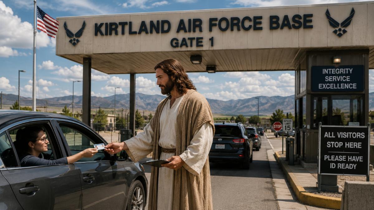 AI generated image of Jesus checking IDs at Kirtland Air Force Base gate