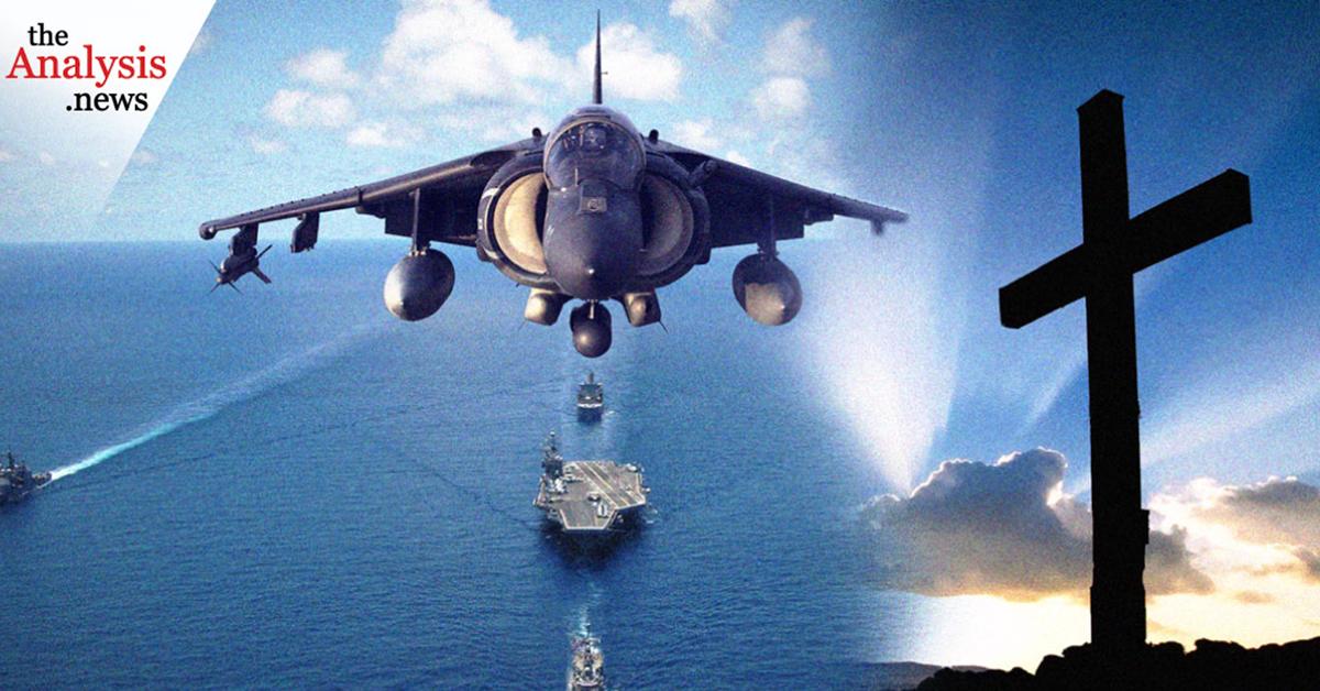 Graphic from the Analysis News with military jet side by side with Christian cross