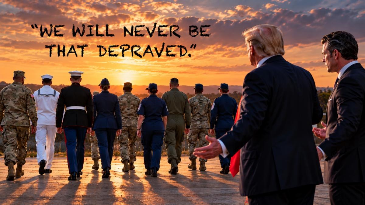 Group of troops walking away from Trump and Hegseth with caption We will never be that depraved