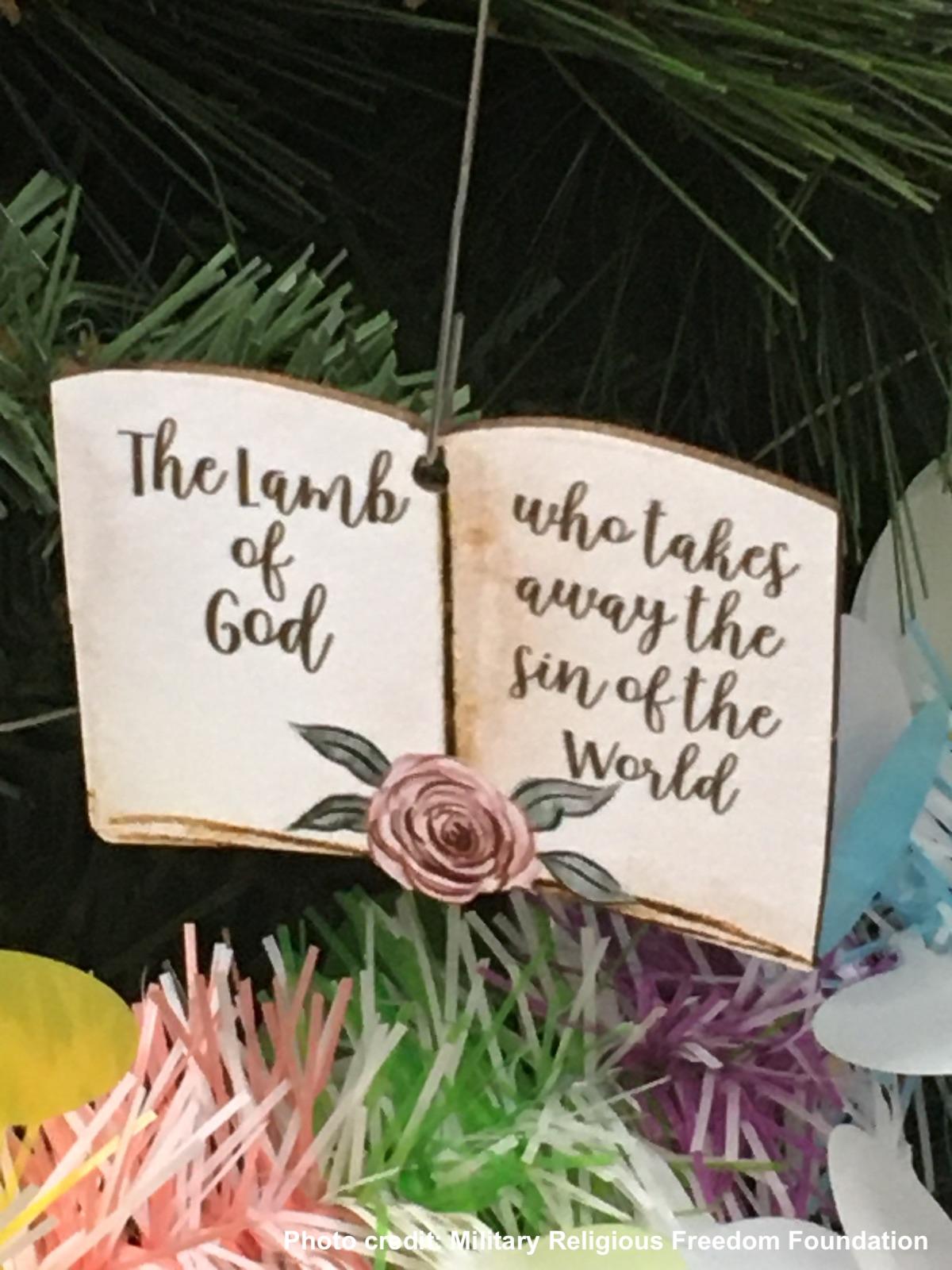 Close up of lamb of god sign on Easter tree